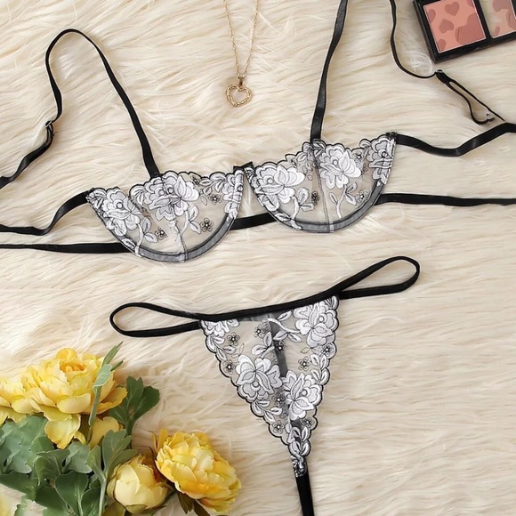 Other - New Black & White Small Floral Embroidered Bra & Thong Lingerie Set